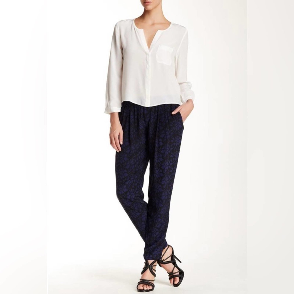 Joie Zelie Blue & Black Floral Silk Printed Lace Detail Jogger Pants M